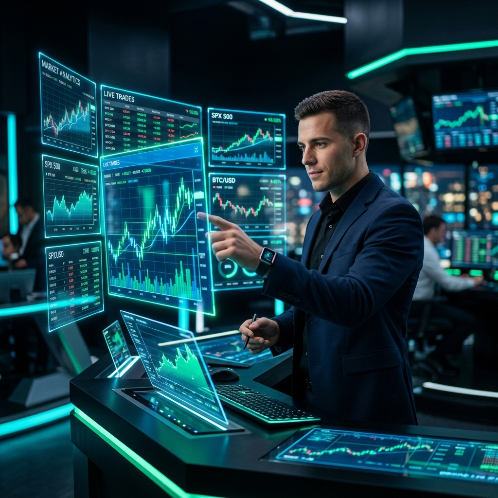 Trader com telas holográficas premium de alta tecnologia
